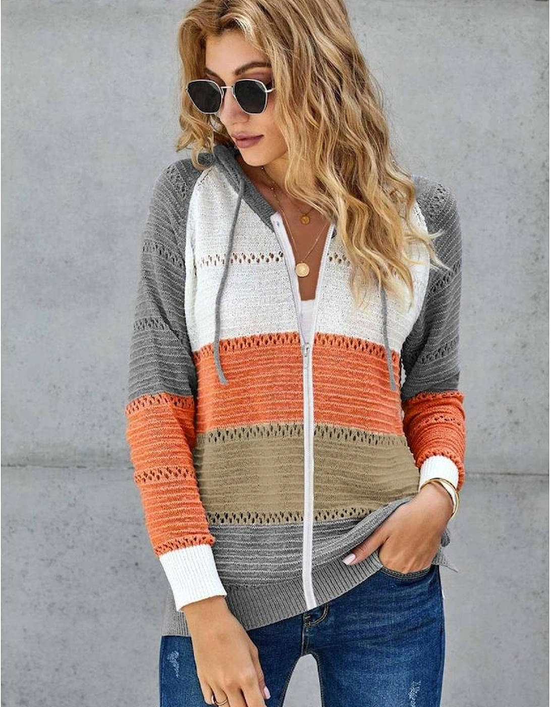 Gray Zipped Front Colorblock Hollow-out Knit Hoodie