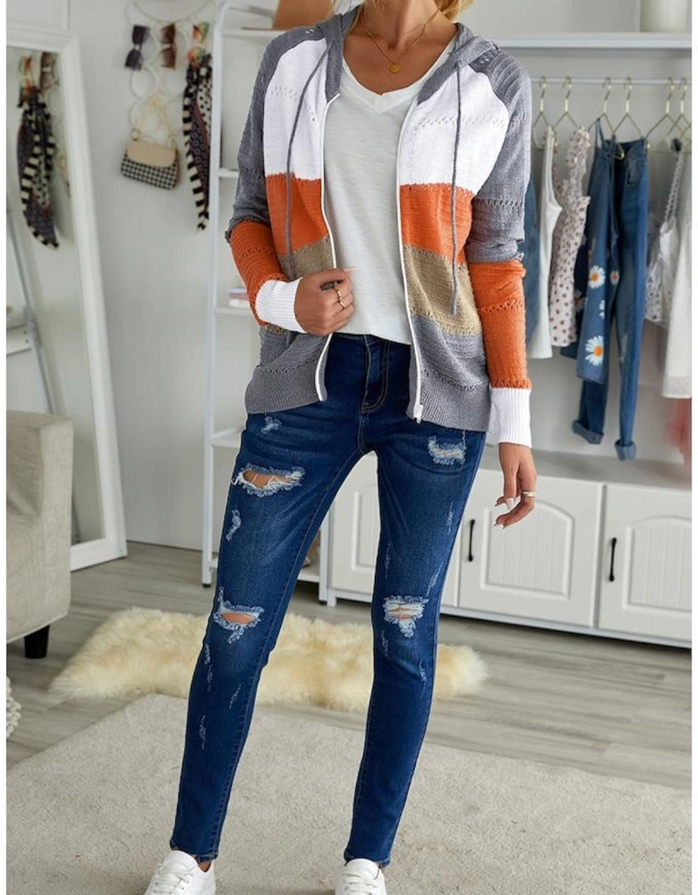 Gray Zipped Front Colorblock Hollow-out Knit Hoodie