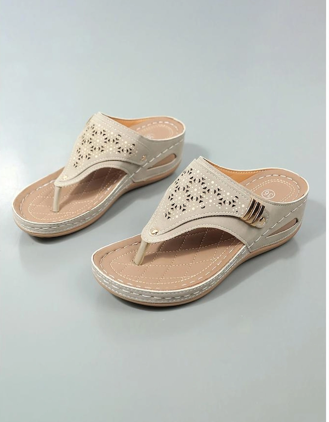Beige Hollow Out Clip Toe Wedge Slippers