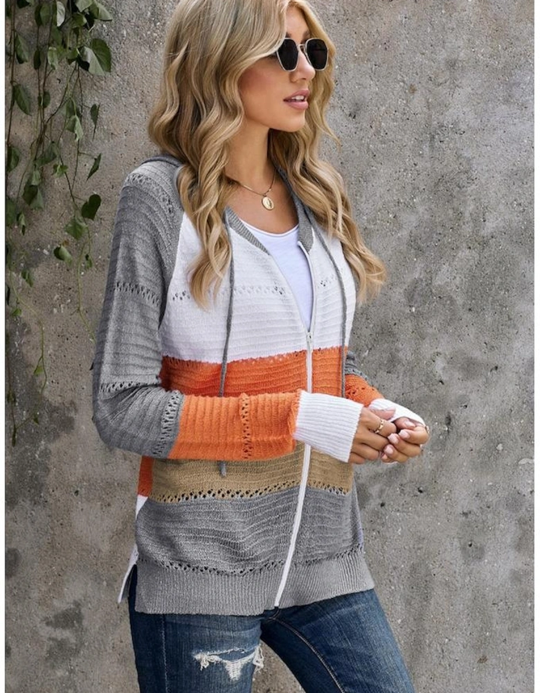 Gray Zipped Front Colorblock Hollow-out Knit Hoodie