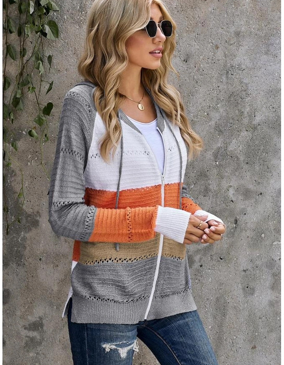 Gray Zipped Front Colorblock Hollow-out Knit Hoodie