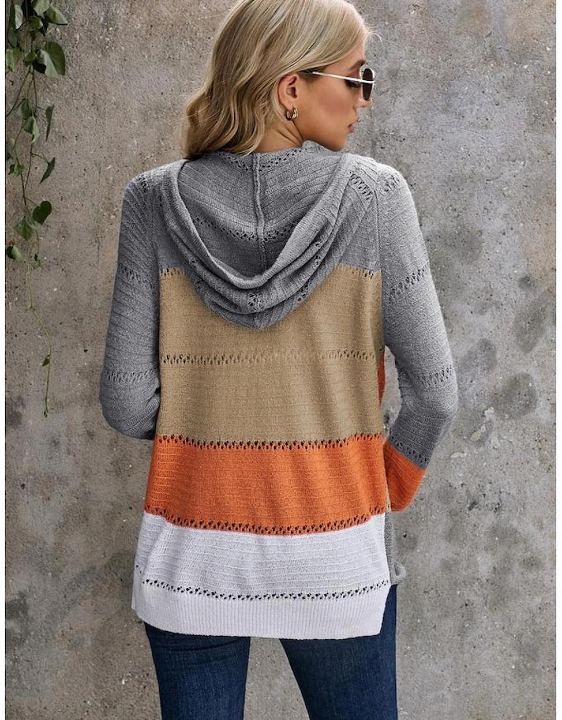 Gray Zipped Front Colorblock Hollow-out Knit Hoodie