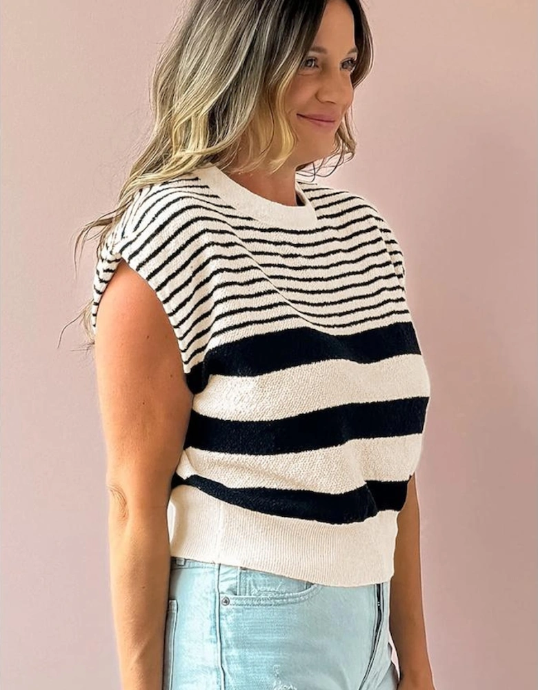 Black white Striped O Neck Sweater Vest