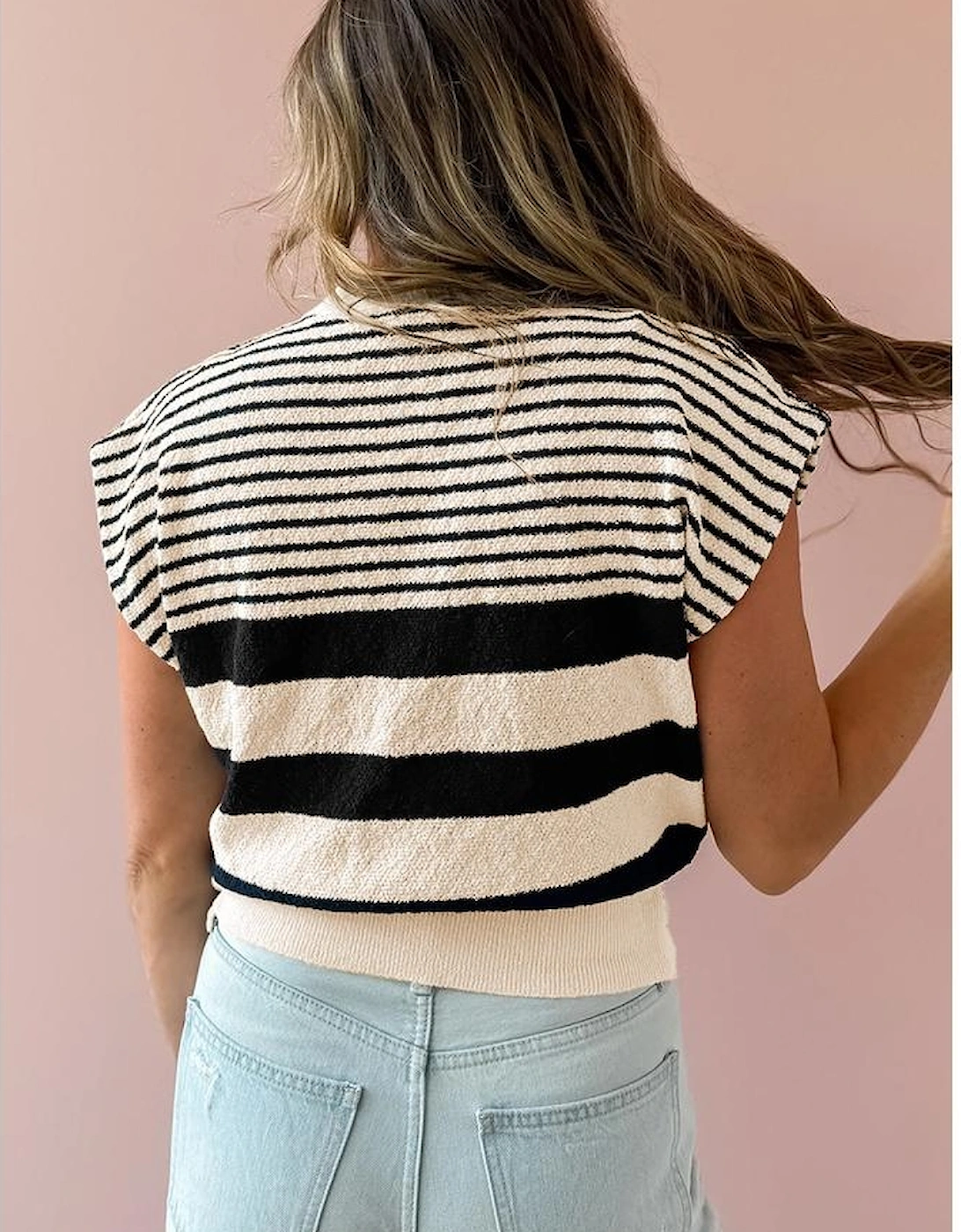 Black white Striped O Neck Sweater Vest