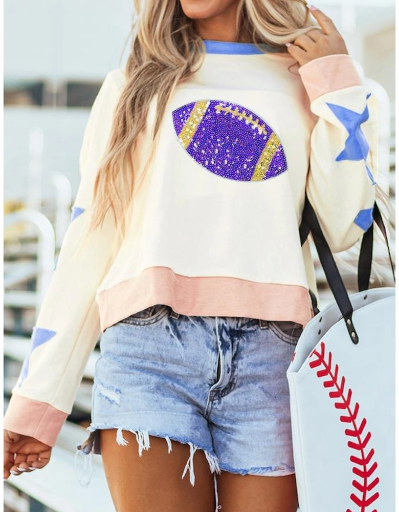 Beige Sequin Rugby Graphic Starry Patched Contrast Trim Game Day Sweatshirt
