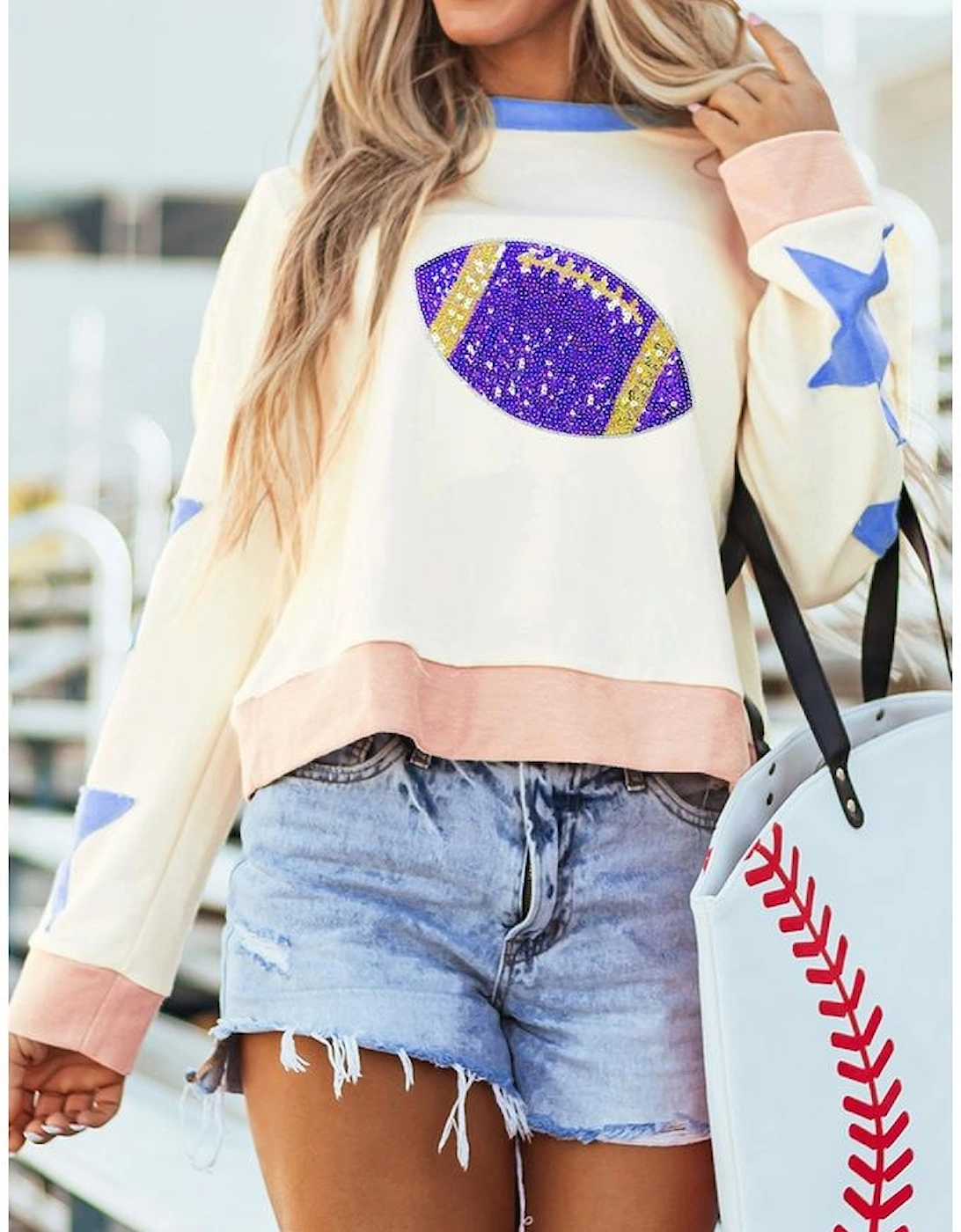 Beige Sequin Rugby Graphic Starry Patched Contrast Trim Game Day Sweatshirt