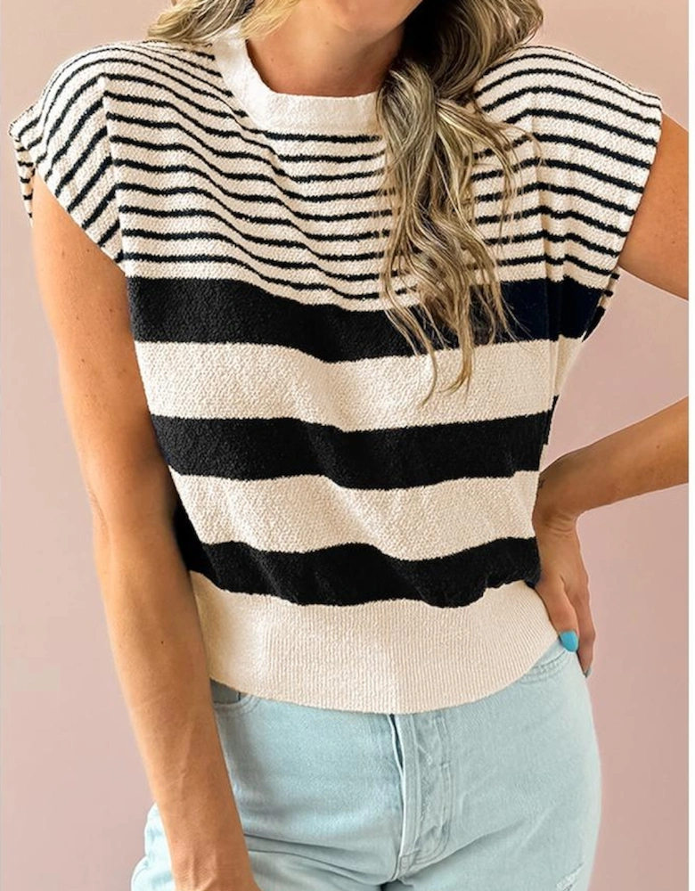 Black white Striped O Neck Sweater Vest