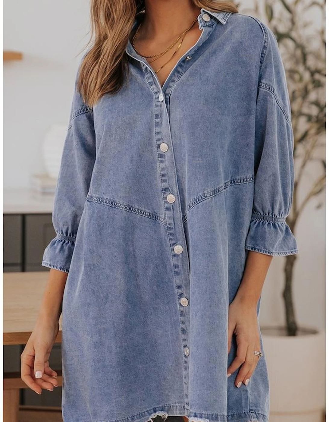 Sky Blue Buttoned Long Sleeve Denim Mini Dress, 16 of 15