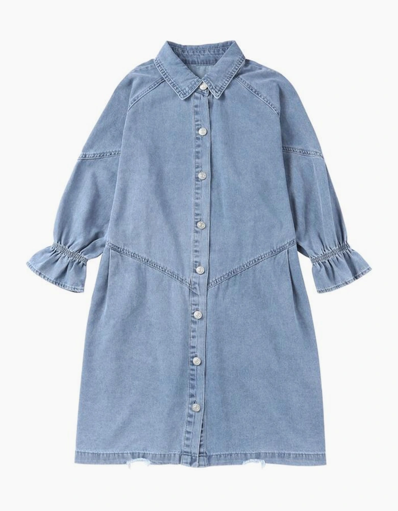 Sky Blue Buttoned Long Sleeve Denim Mini Dress