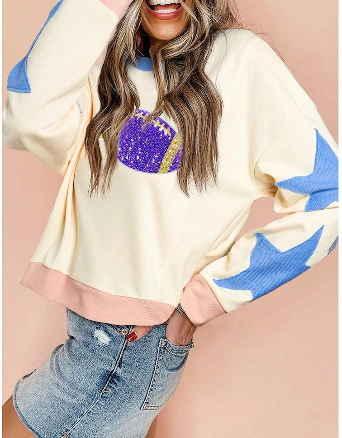 Beige Sequin Rugby Graphic Starry Patched Contrast Trim Game Day Sweatshirt