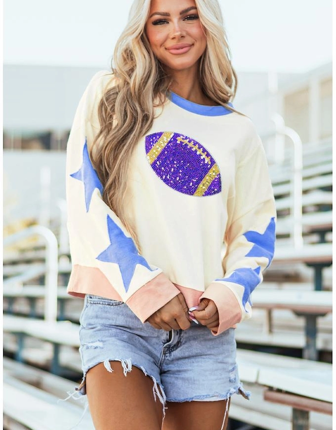 Beige Sequin Rugby Graphic Starry Patched Contrast Trim Game Day Sweatshirt
