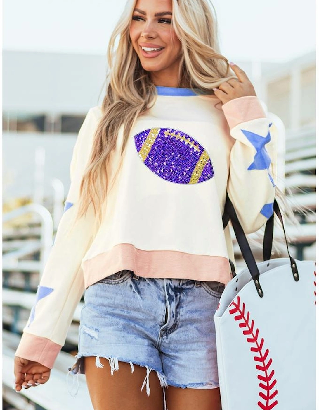 Beige Sequin Rugby Graphic Starry Patched Contrast Trim Game Day Sweatshirt