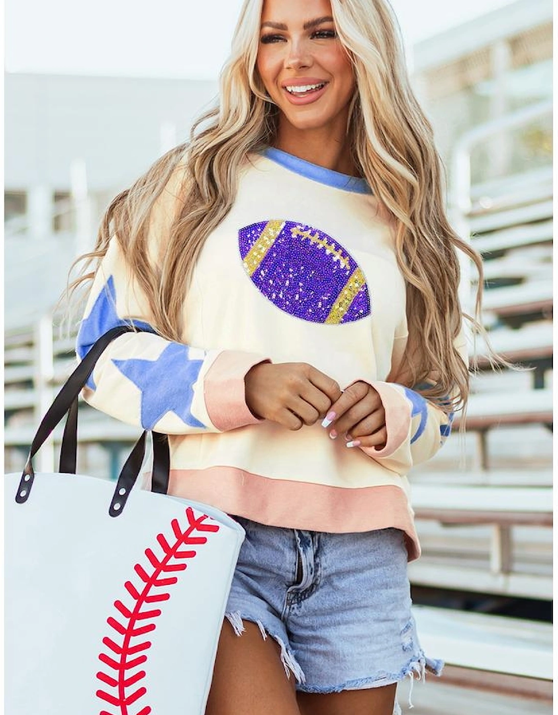 Beige Sequin Rugby Graphic Starry Patched Contrast Trim Game Day Sweatshirt, 8 of 7