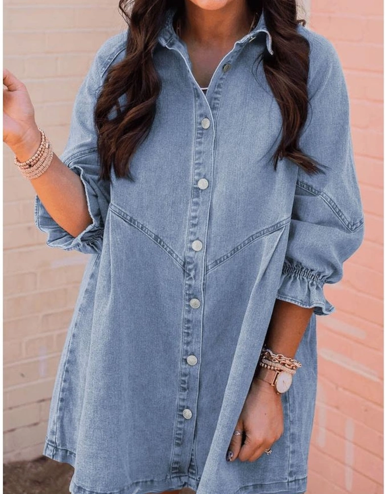 Sky Blue Buttoned Long Sleeve Denim Mini Dress