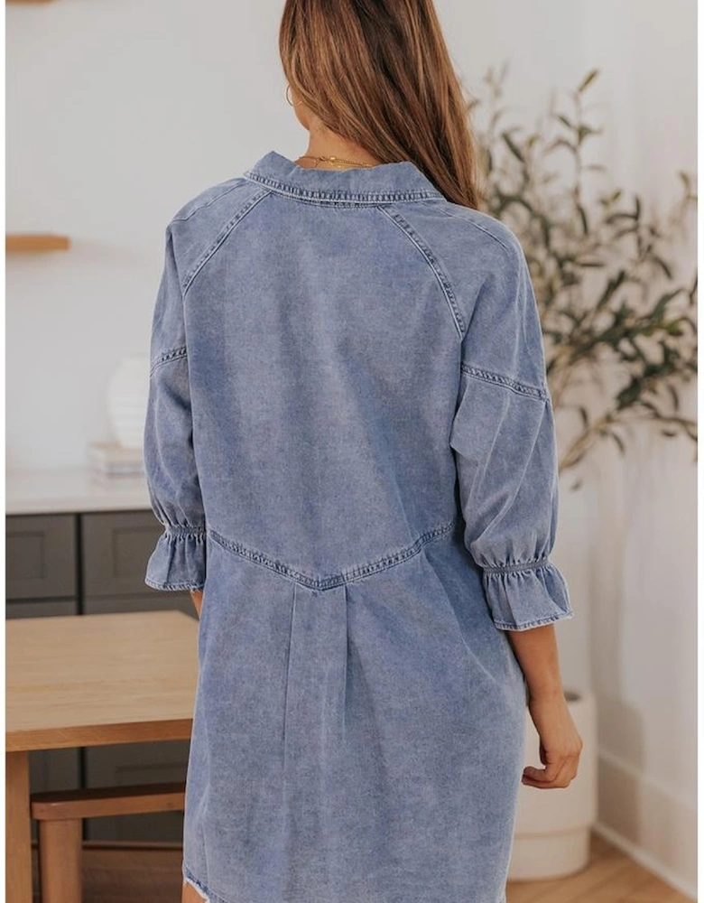 Sky Blue Buttoned Long Sleeve Denim Mini Dress