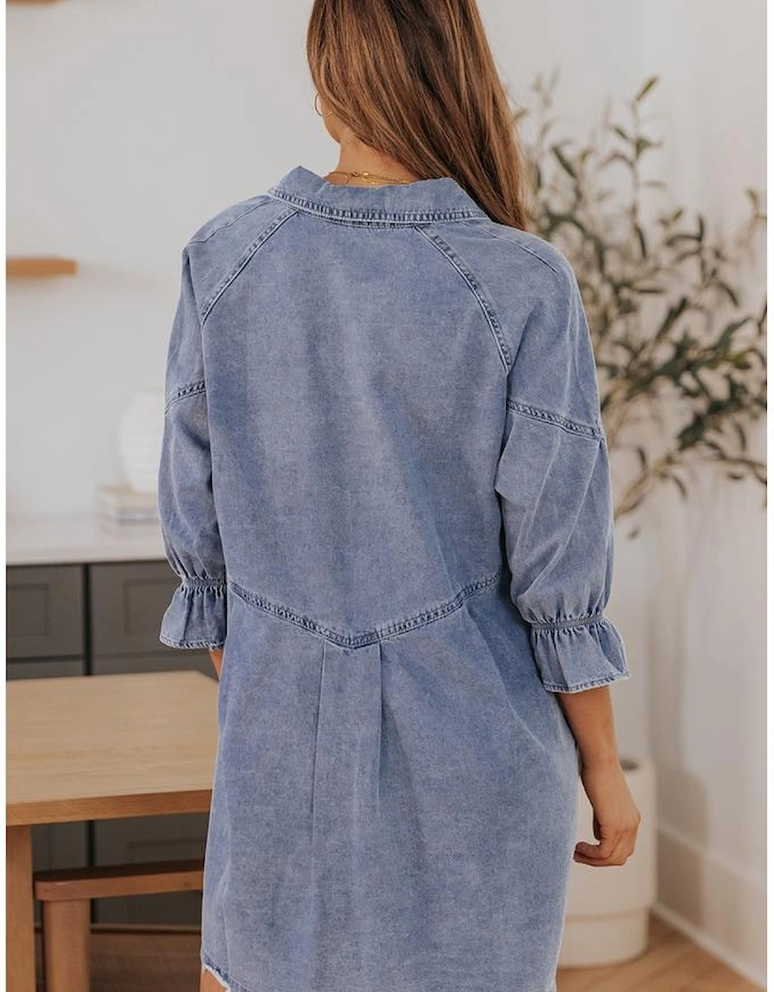 Sky Blue Buttoned Long Sleeve Denim Mini Dress
