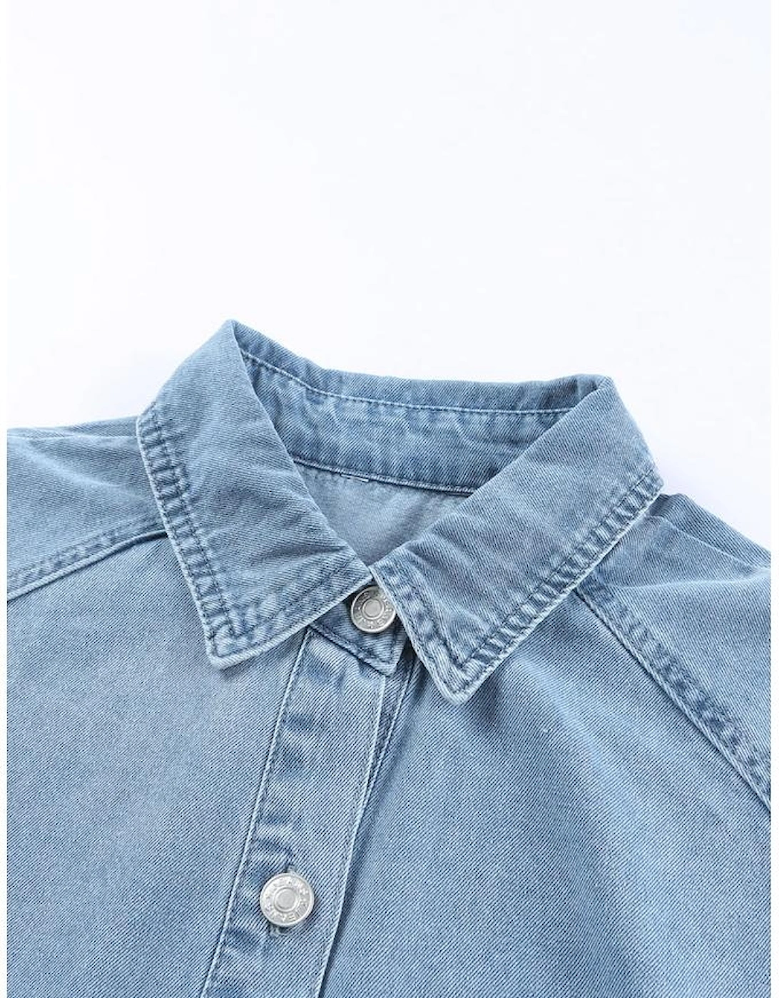 Sky Blue Buttoned Long Sleeve Denim Mini Dress