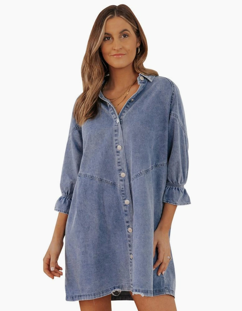 Sky Blue Buttoned Long Sleeve Denim Mini Dress