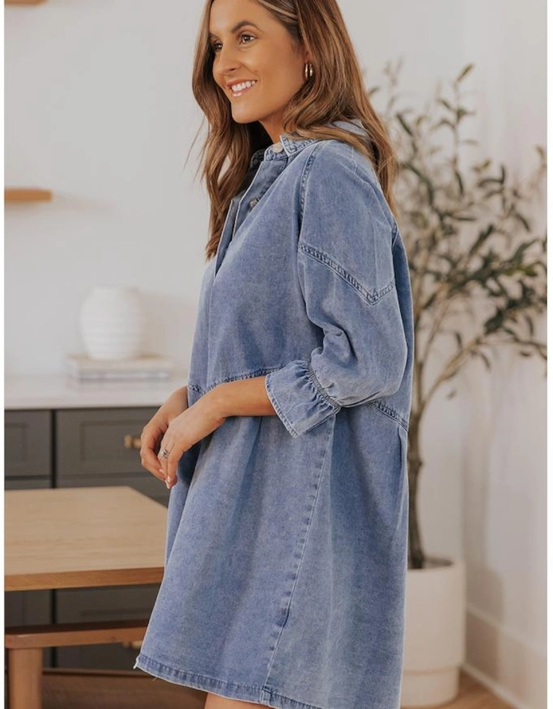 Sky Blue Buttoned Long Sleeve Denim Mini Dress