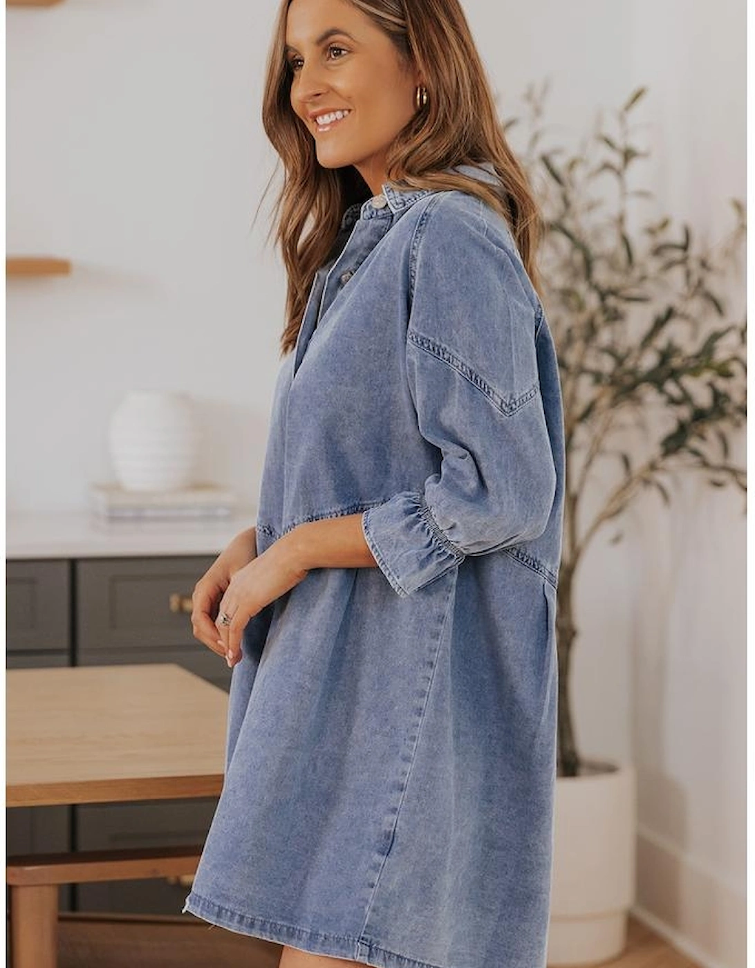 Sky Blue Buttoned Long Sleeve Denim Mini Dress