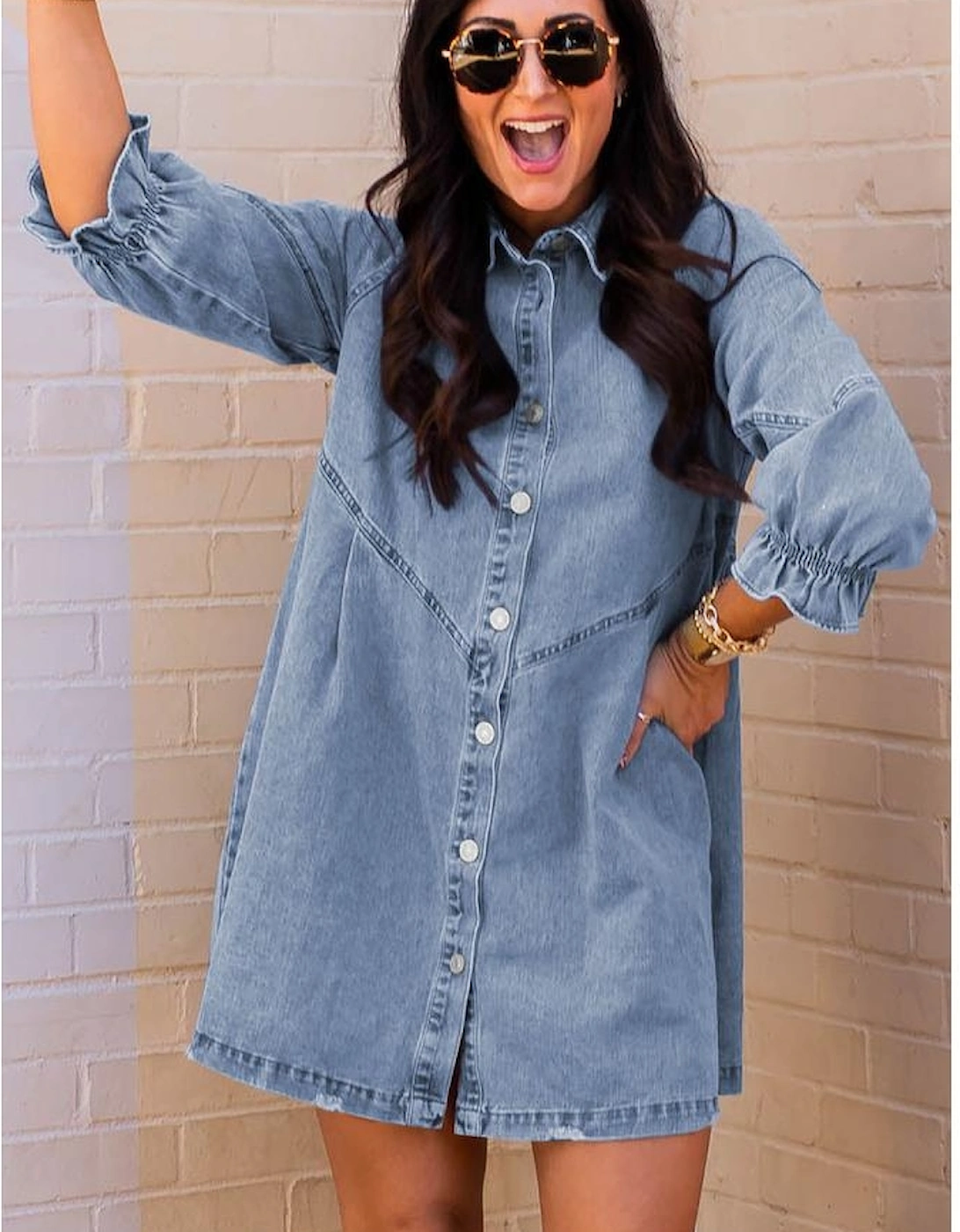 Sky Blue Buttoned Long Sleeve Denim Mini Dress