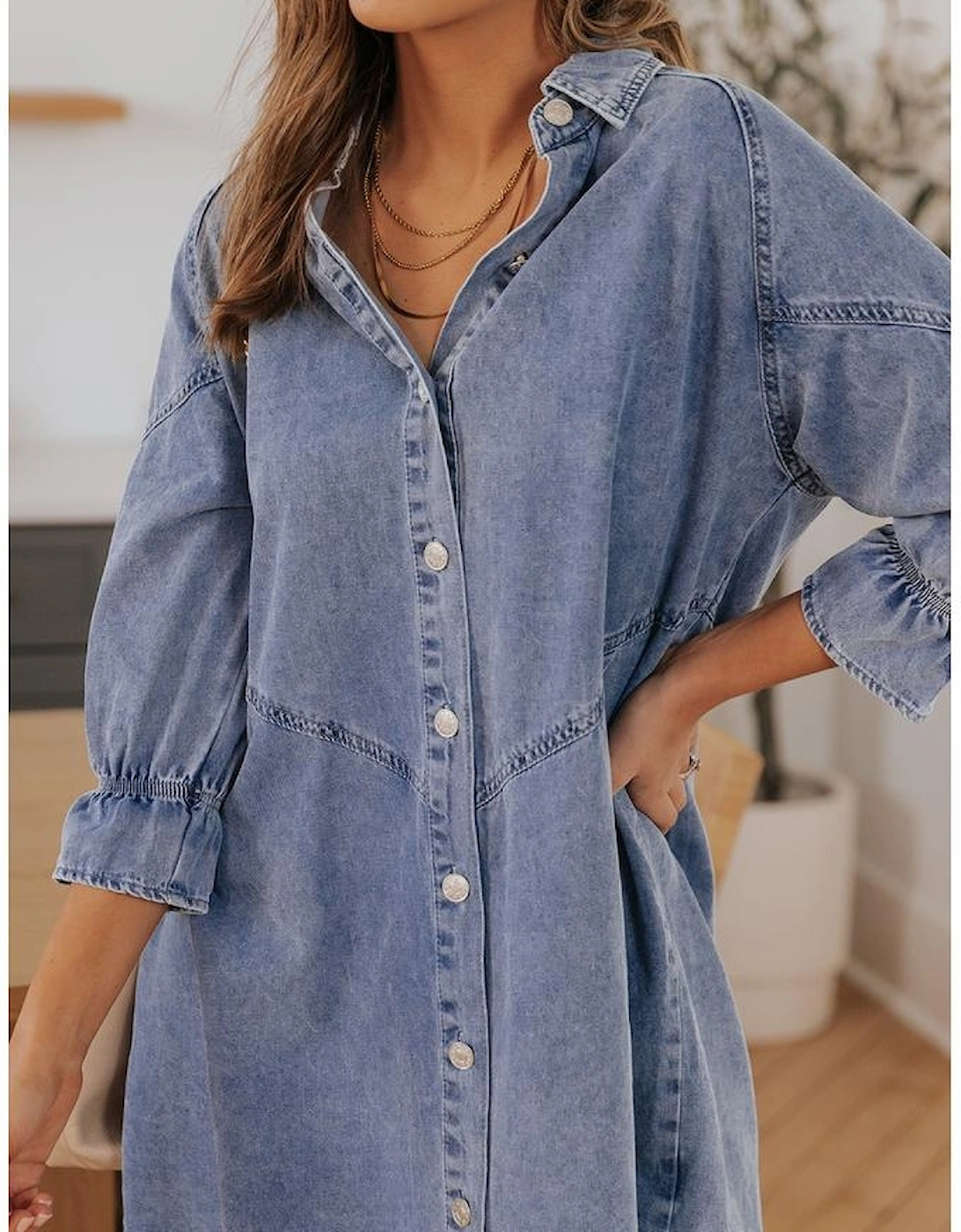 Sky Blue Buttoned Long Sleeve Denim Mini Dress
