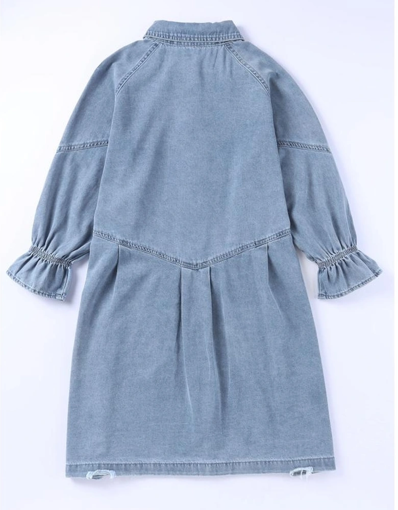 Sky Blue Buttoned Long Sleeve Denim Mini Dress
