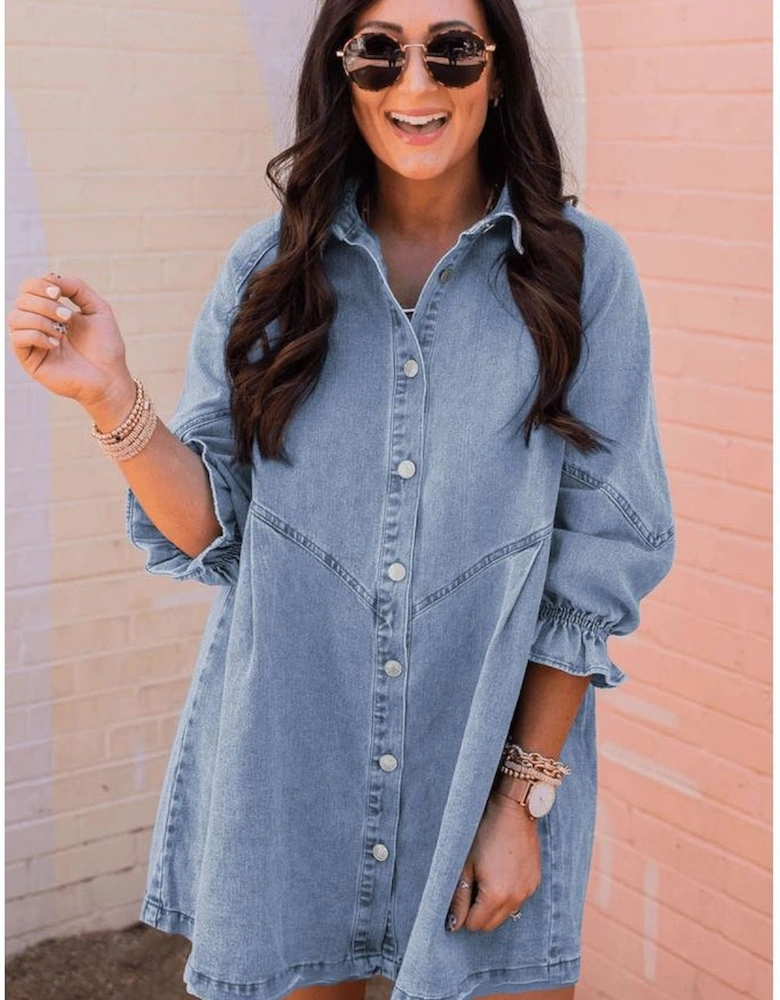 Sky Blue Buttoned Long Sleeve Denim Mini Dress