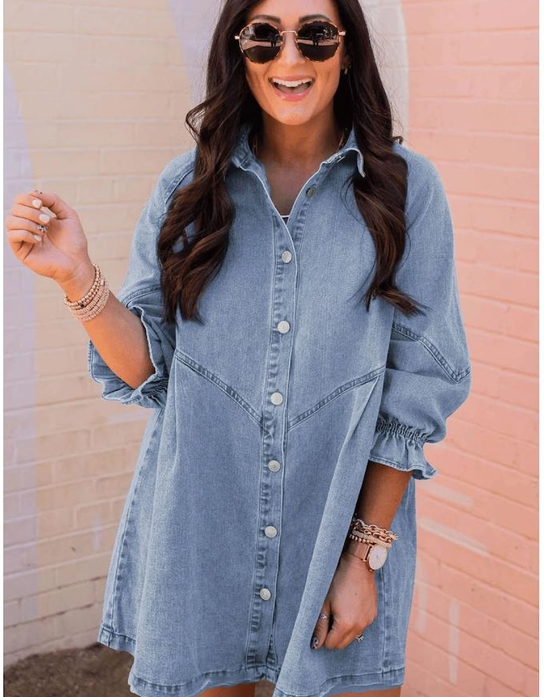 Sky Blue Buttoned Long Sleeve Denim Mini Dress