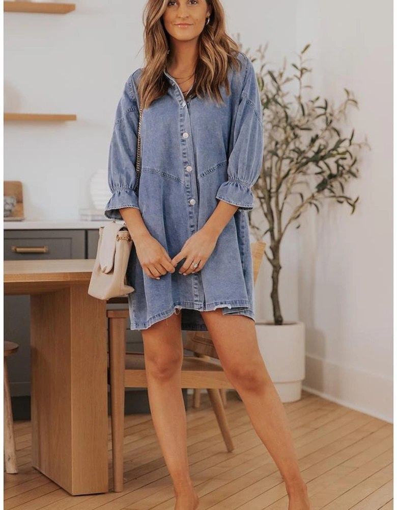 Sky Blue Buttoned Long Sleeve Denim Mini Dress