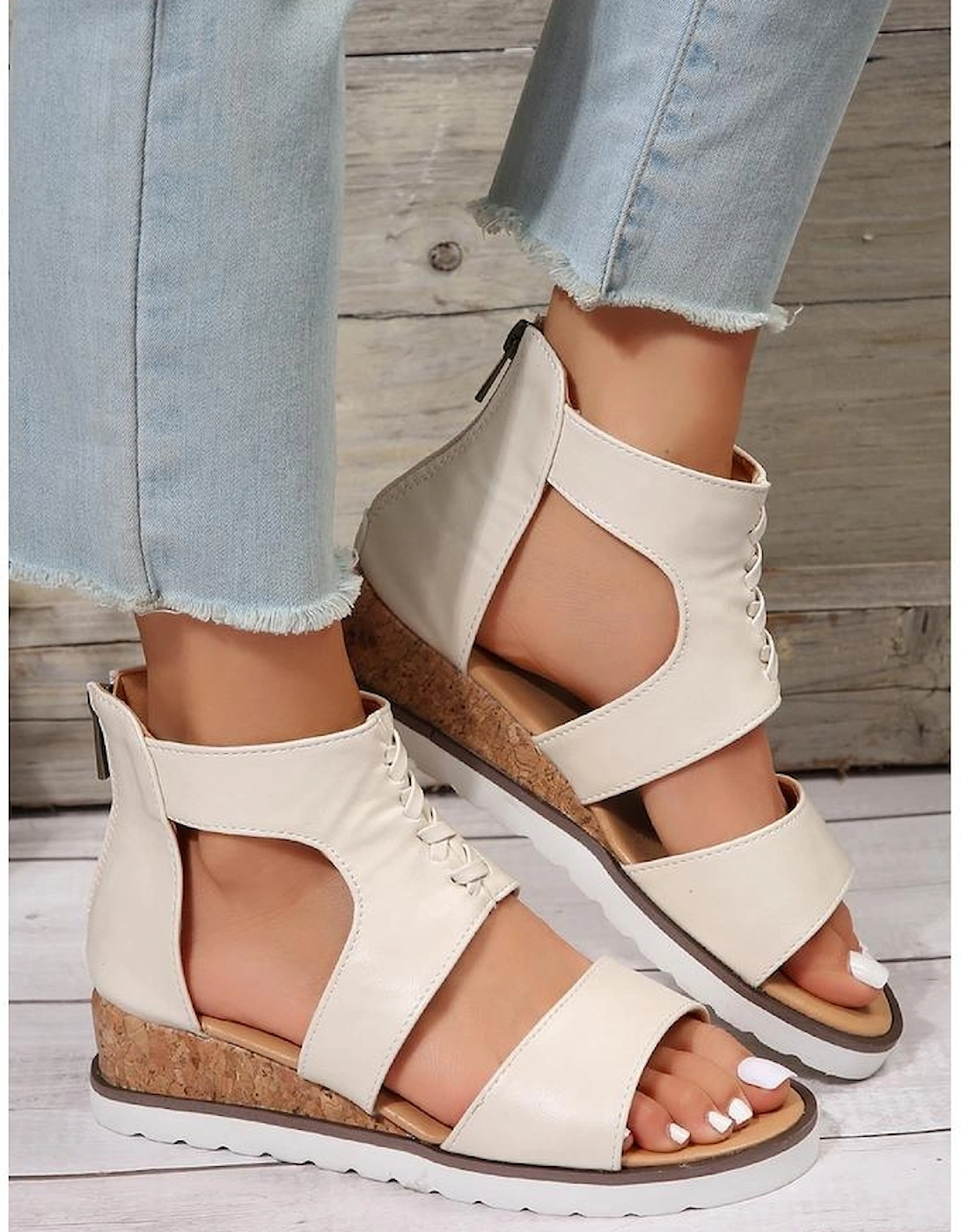 White Crisscross Detail Hollowed Leather Gladiator Sandals