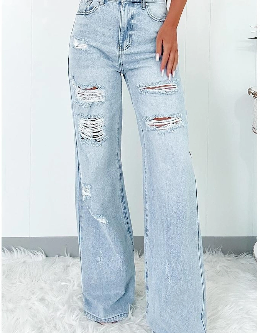Beau Blue Light Wash Distressed High Waist Wide Leg Jeans