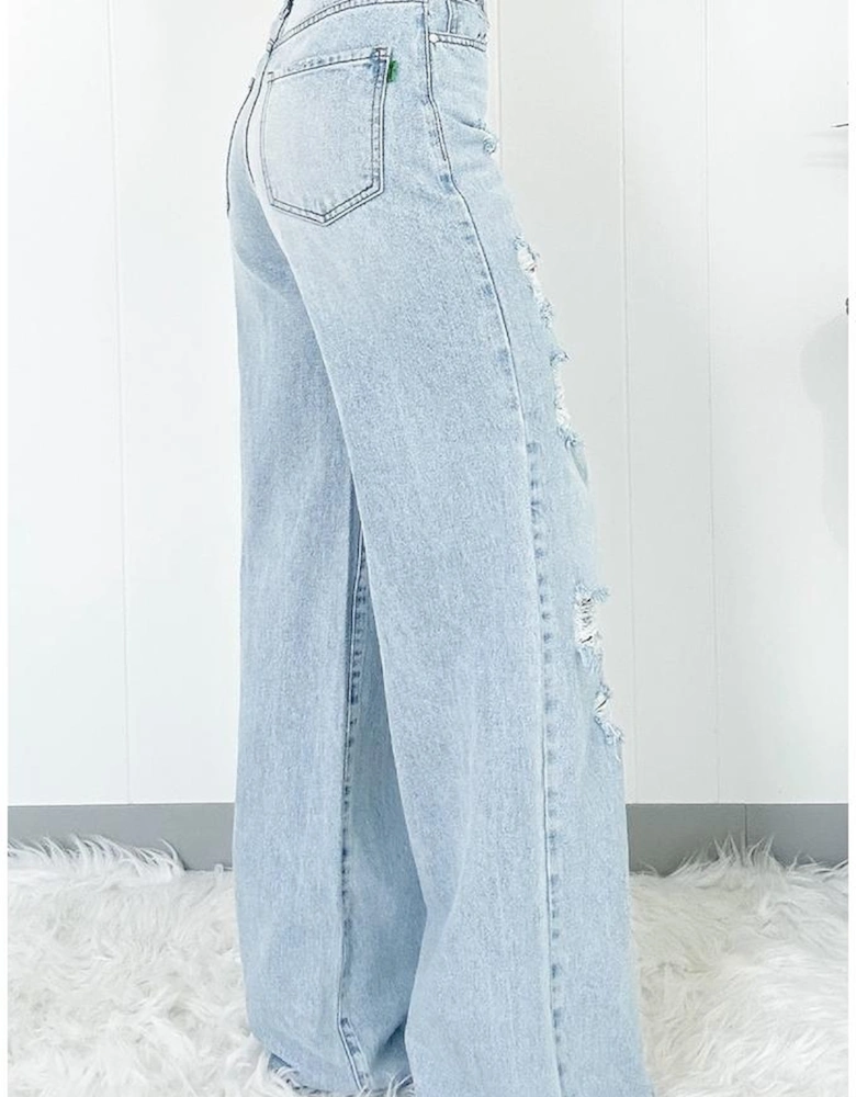 Beau Blue Light Wash Distressed High Waist Wide Leg Jeans