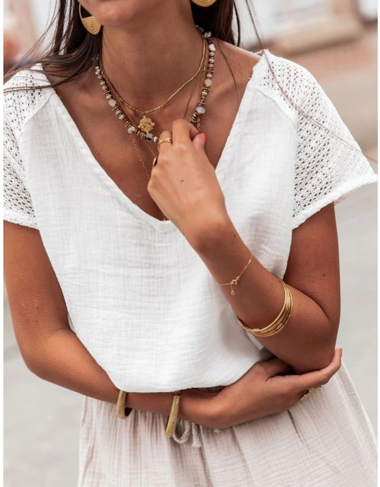 White Lace Crochet Textured Button Back V Neck T Shirt