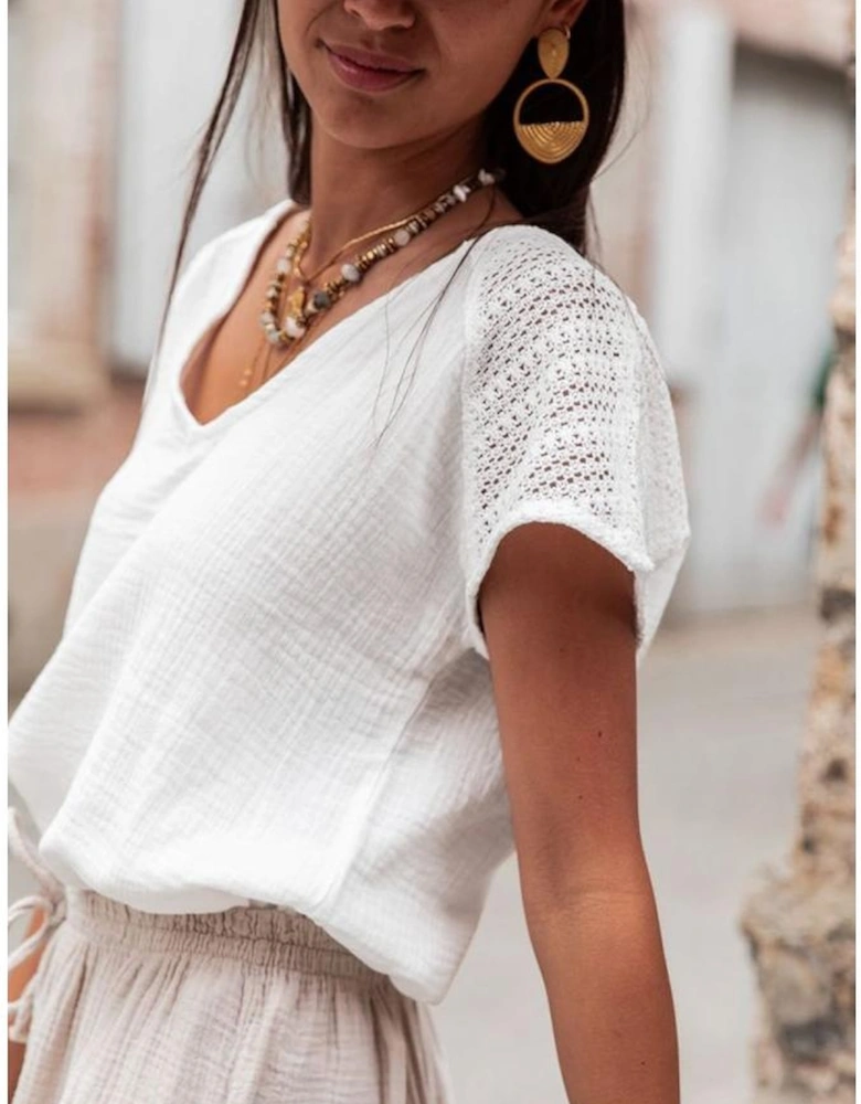 White Lace Crochet Textured Button Back V Neck T Shirt
