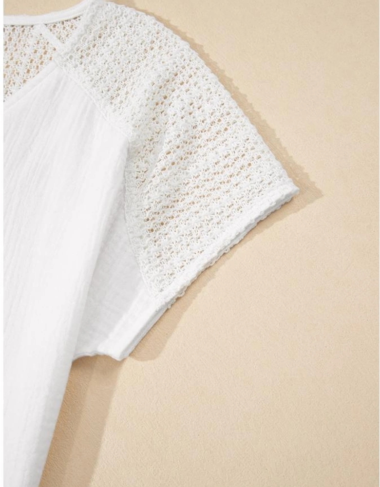 White Lace Crochet Textured Button Back V Neck T Shirt