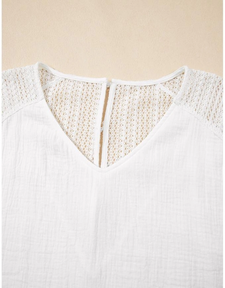 White Lace Crochet Textured Button Back V Neck T Shirt