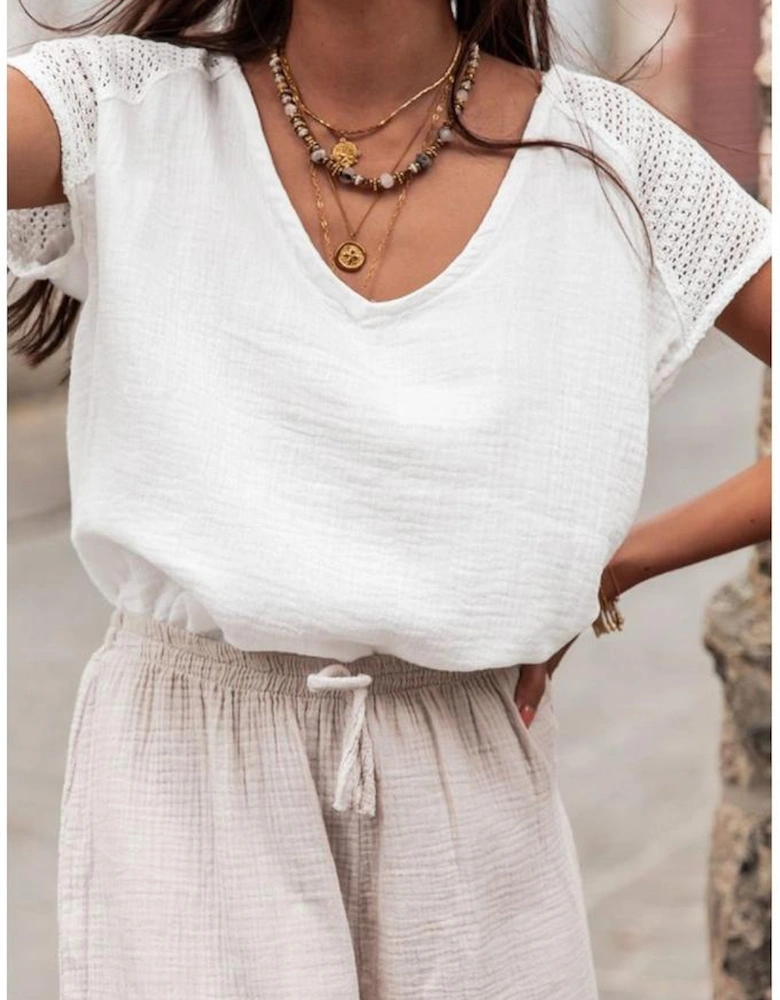 White Lace Crochet Textured Button Back V Neck T Shirt