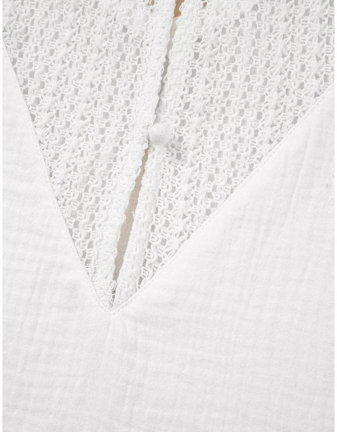 White Lace Crochet Textured Button Back V Neck T Shirt