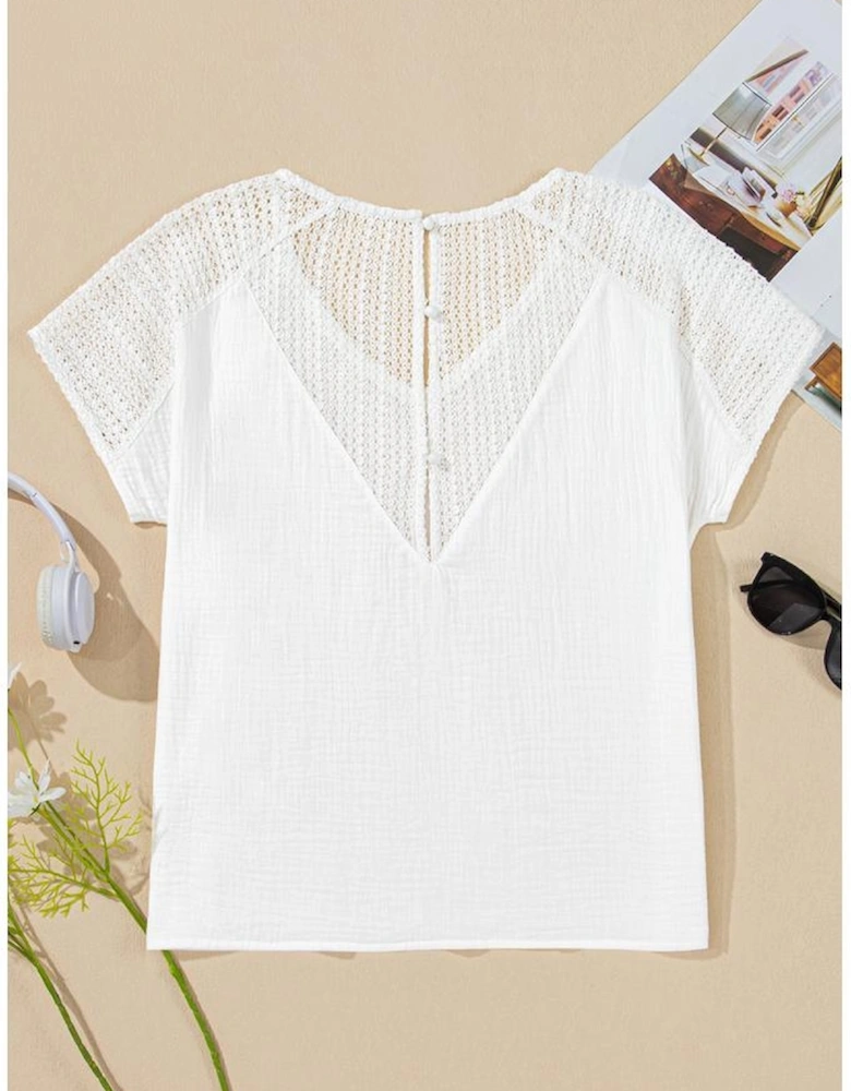 White Lace Crochet Textured Button Back V Neck T Shirt