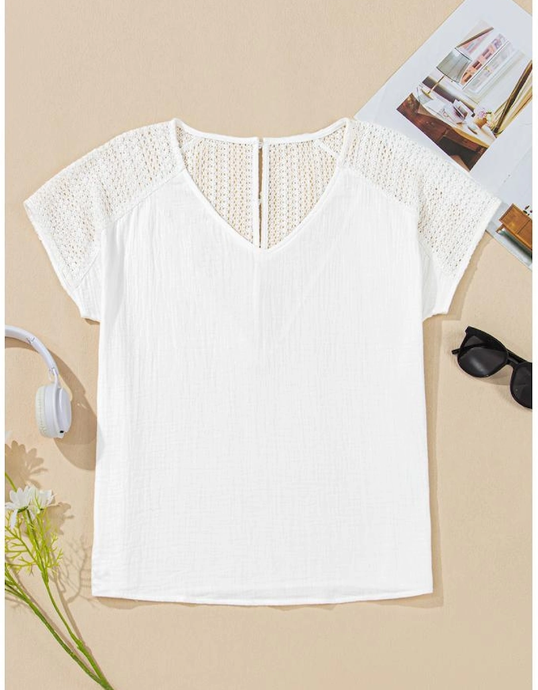 White Lace Crochet Textured Button Back V Neck T Shirt