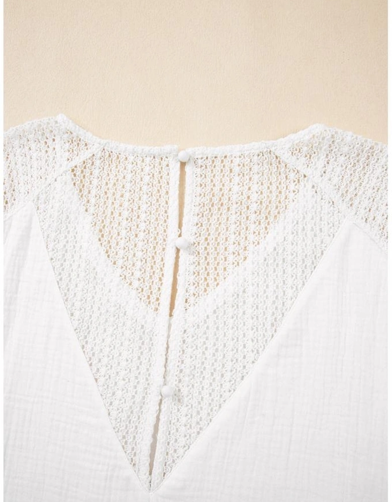 White Lace Crochet Textured Button Back V Neck T Shirt