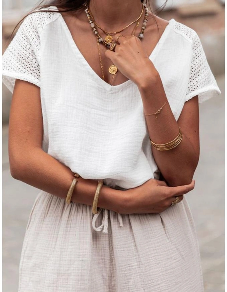 White Lace Crochet Textured Button Back V Neck T Shirt