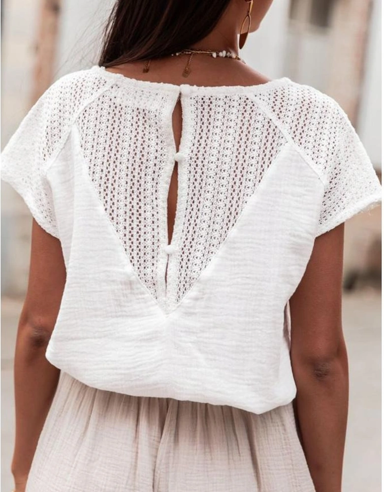 White Lace Crochet Textured Button Back V Neck T Shirt