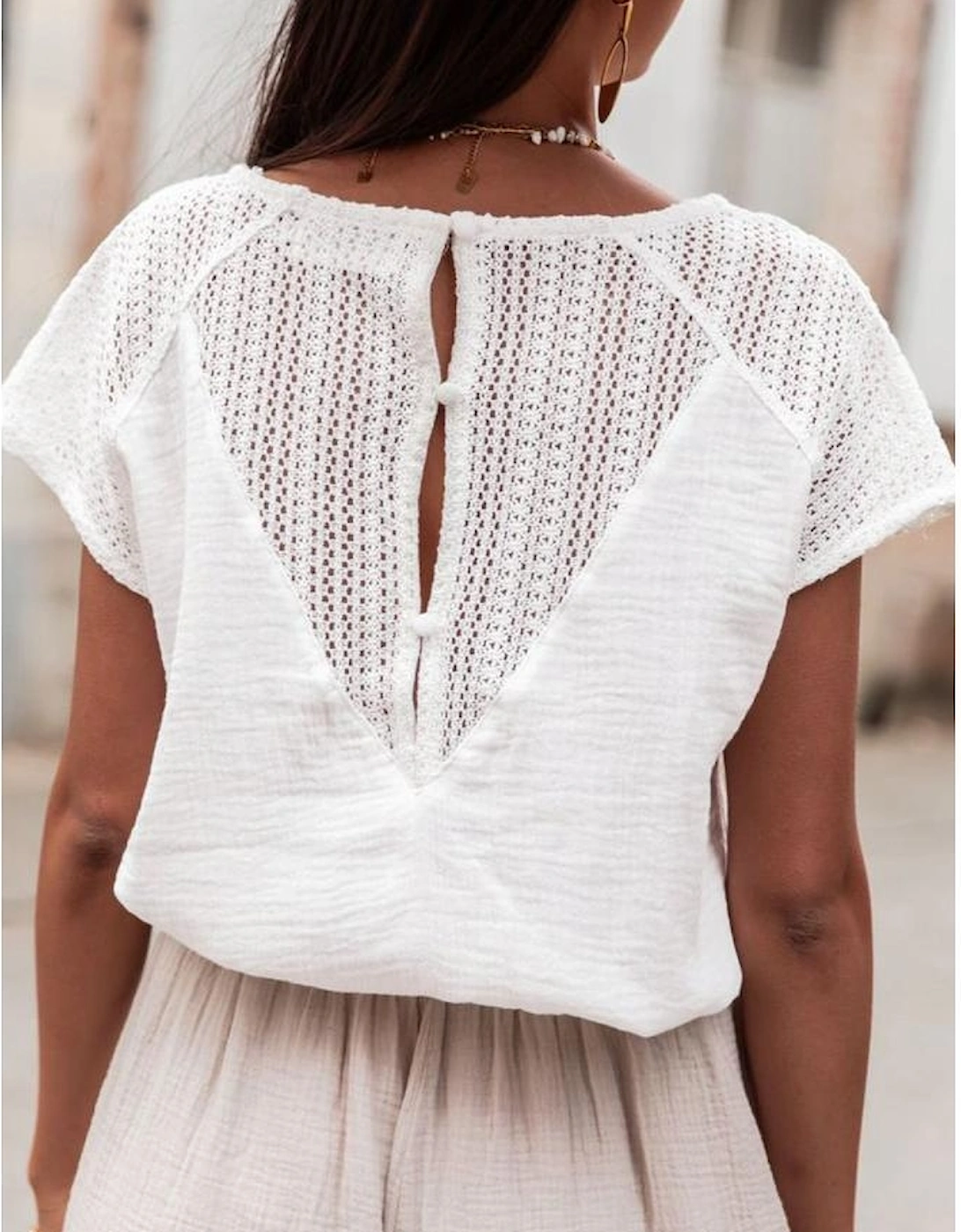 White Lace Crochet Textured Button Back V Neck T Shirt