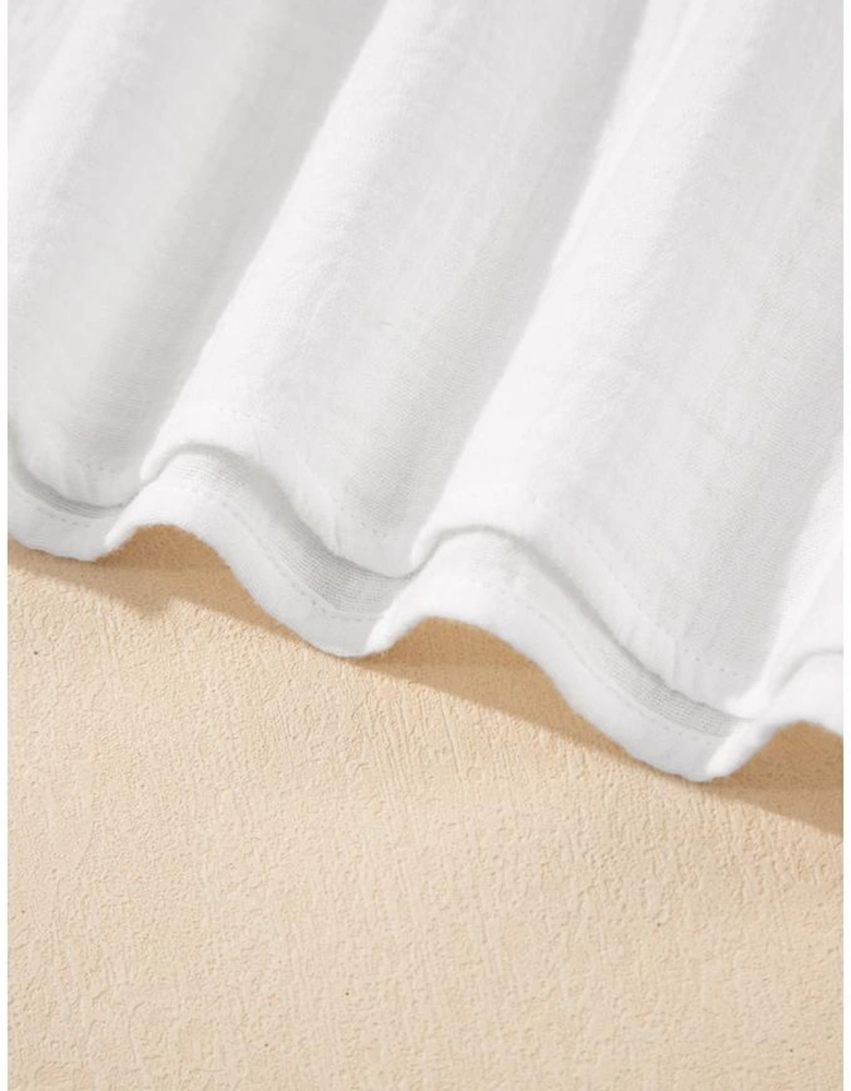 White Lace Crochet Textured Button Back V Neck T Shirt