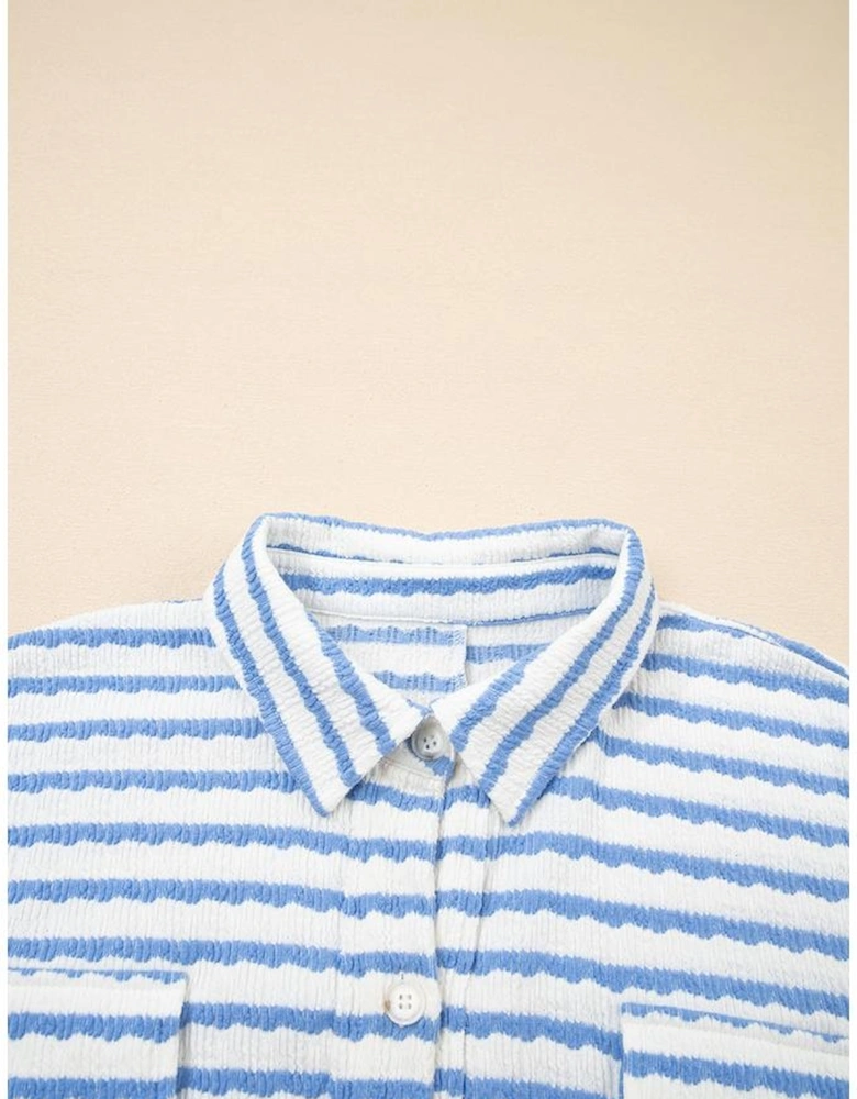 Sky Blue Stripe Half Button Collared Chest Pockets Loose Fit Blouse