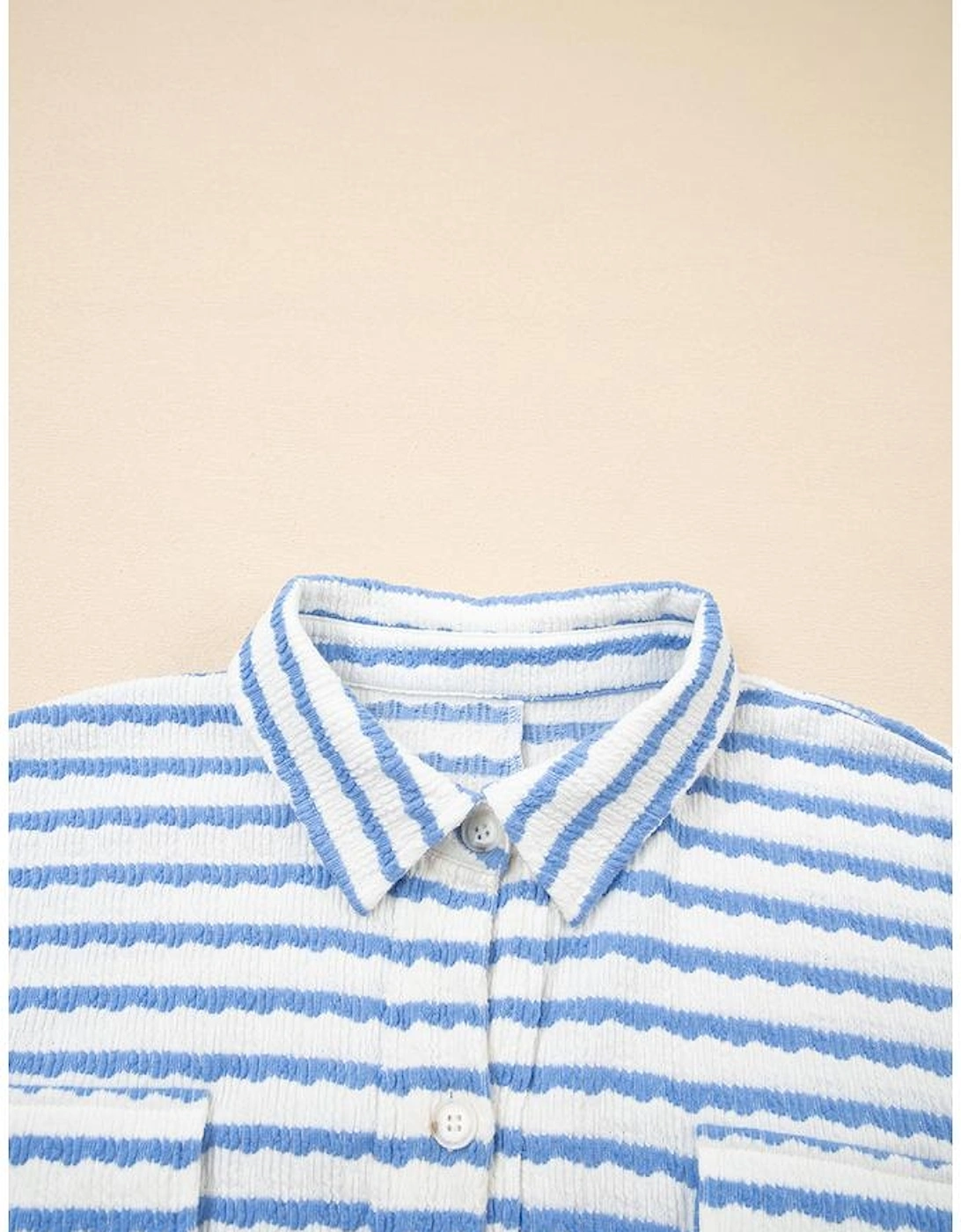 Sky Blue Stripe Half Button Collared Chest Pockets Loose Fit Blouse