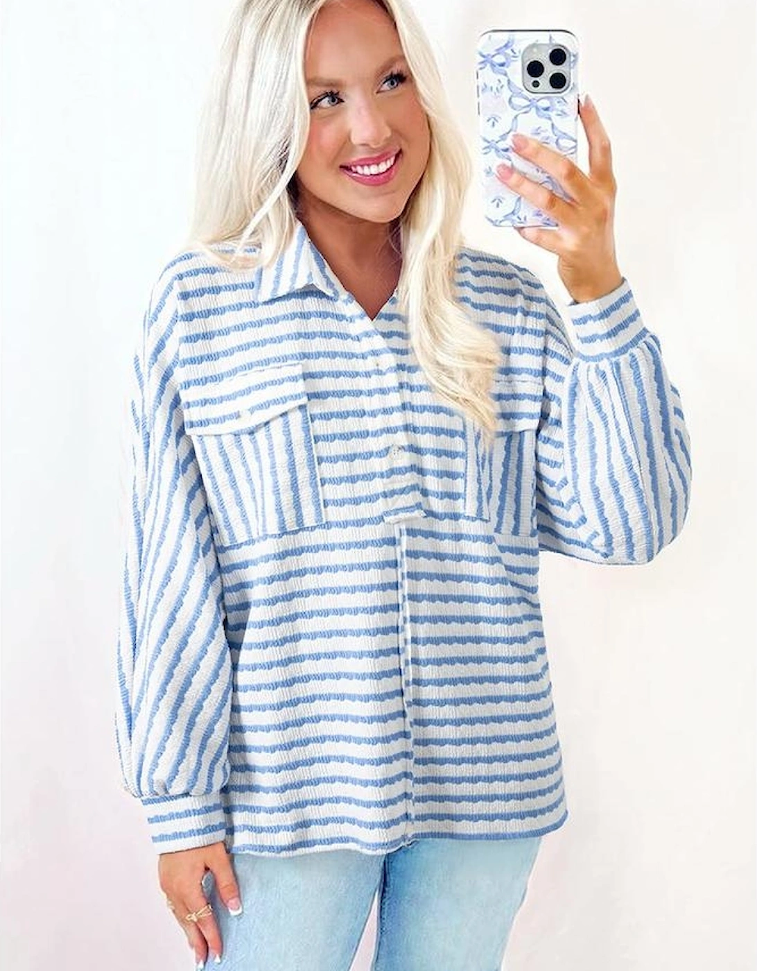 Sky Blue Stripe Half Button Collared Chest Pockets Loose Fit Blouse