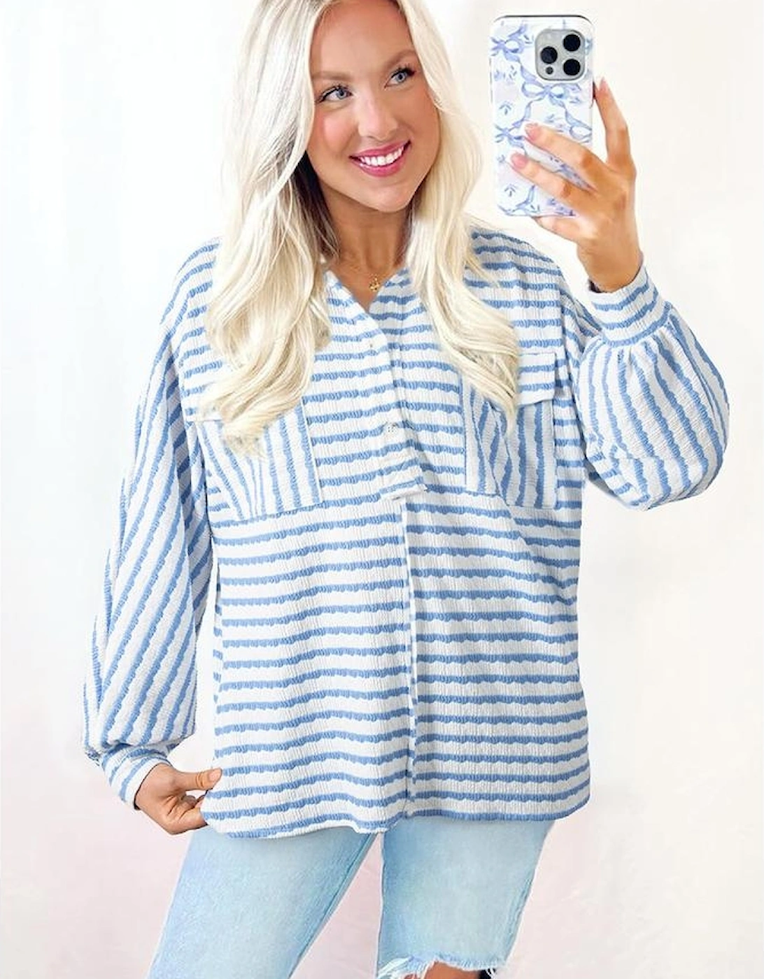 Sky Blue Stripe Half Button Collared Chest Pockets Loose Fit Blouse, 13 of 12